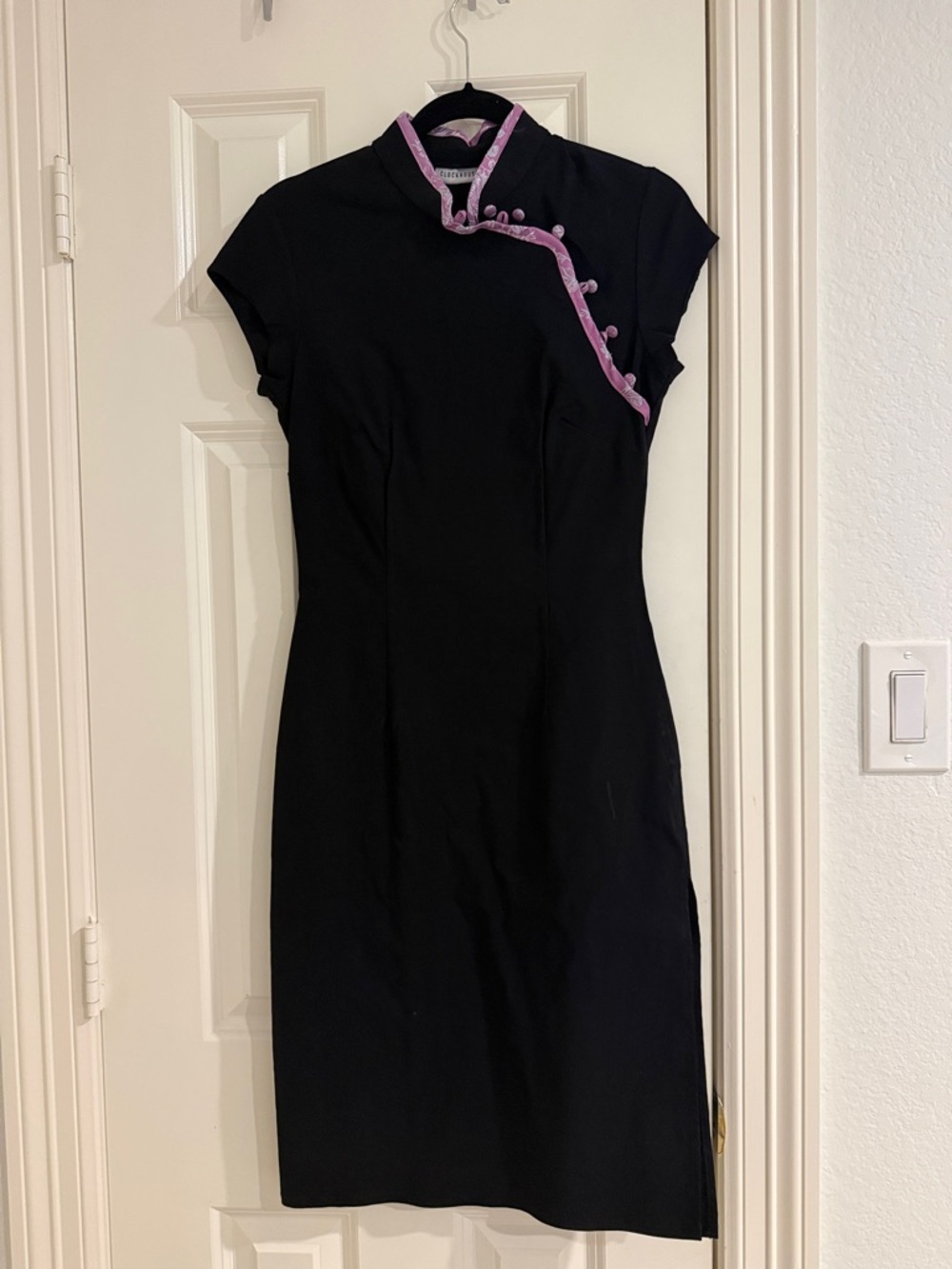 Black Midi Sheath Dress with Pink Trim - Modern Mandarin Collar